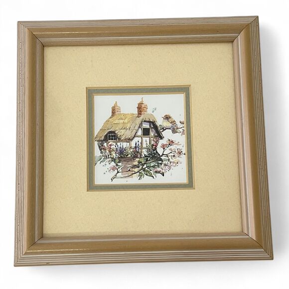 Wall Art Set 2 Prints Matted Wood Frame Glass Cover Birdhouses Flowers 7x7 - Picture 2 of 9